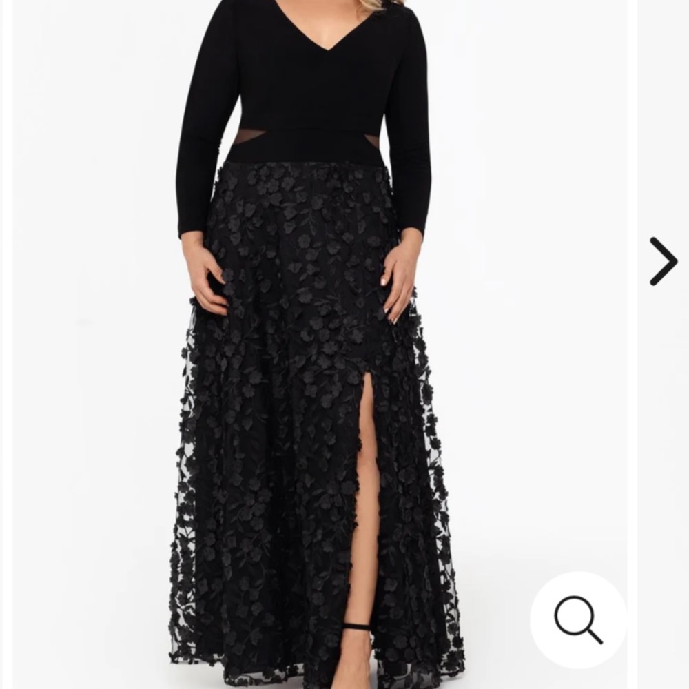 20W black Xscape full length dress with 3D appliqué skirt